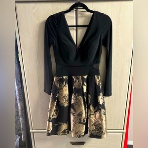 Stretchy Long Sleeve Black Dress, Short, Gold Floral Print, Size 4